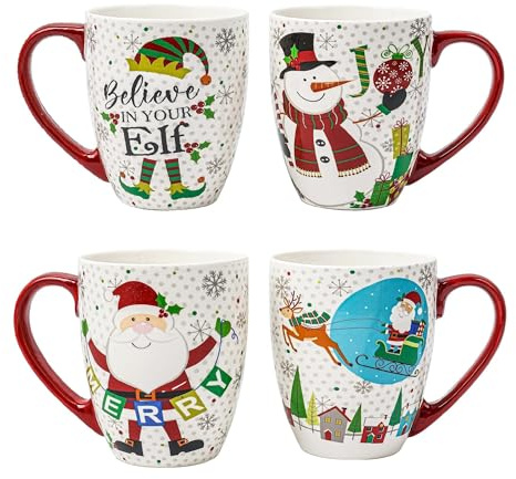 Topadorn Christmas Mugs Set of 4, 18 Oz Ceramic Coffee Cups with Santa Claus, Reindeer Sleigh & Snowman JOY Designs, Large Handle Hot Cocoa Mugs, Holiday Gift Set for Christmas