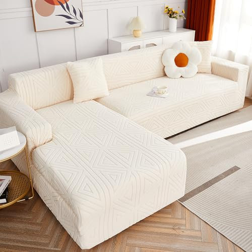 OKJK Stretch sofabezug l Form,Wohnzimmer Schlafzimmer Sofaschoner rutschfest für Ledersofa,Sofa überzug aus weichem und bequemem Stoff,Staubdicht,Pflegeleicht (Beige,3 Seater + 3 Seater)