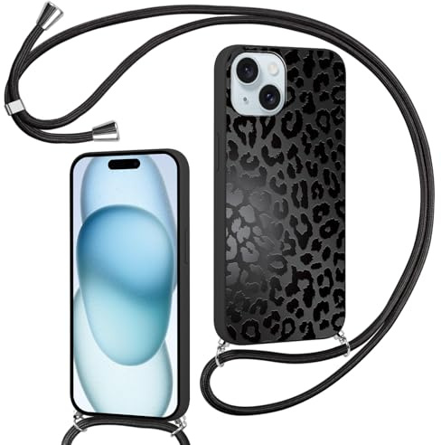 Foonary Handyband Hülle mit Band für iPhone 15 6,1 Handyhülle, Leopard Design Kette Necklace Case mit Kordel zum Umhängen Silikon Bumper Kratzfest Schutzhülle Cover Schnur für iPhone 15