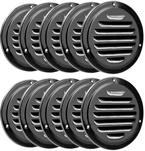 QWORK 4 Black Soffit Vent Cover with Screen Mesh, 10 Pack Round Metal Air Vent Louver, 5-11/16 Diameter Grill Cover, Round HVAC Vents