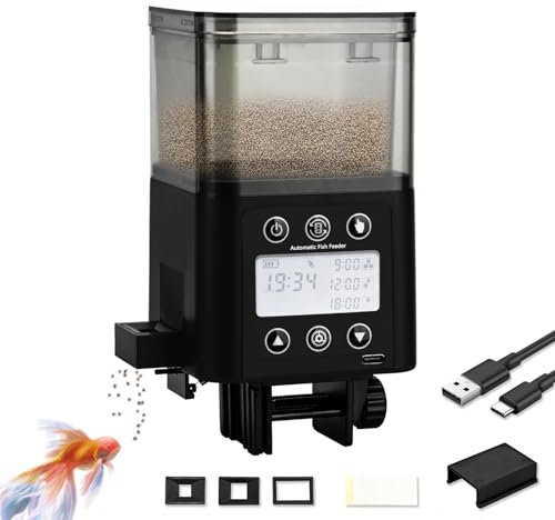 Podazz Futterautomat Aquarium – Wiederaufladbarer Zeitgesteuerter Fischfutterspender mit LCD-Display, 320 ml perfekt für Wochenenden und Feiertage - Schwarz