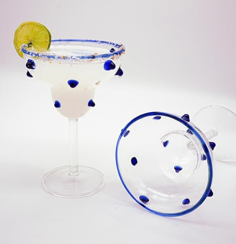 Gökotta Set of 2 Handmade Polka Dot Cocktail Glasses for Margaritas | Blue Luxury Crystal Drinking Glasses Unique Glassware Gift Set
