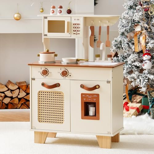 ROBOTIME Retro-Holzspielküche für Kinder 3-8 Jahre mit Eiswürfelspender, Rattan-Netzspind und Ledergriff, inklusive Zubehör und realistischen Kochutensilien, ideal für Rollenspiele, Creme-Farbe