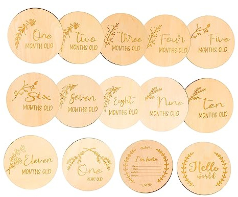 Holz Babykarten für Neugeborene, 14 Stück, Khaki | Monatliche Wachstumskarten, Foto Requisiten, Einzigartige Designs, zur Erinnerung an Babys Erstes Jahr