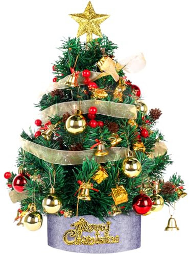 24 Inch Artificial Mini Christmas Tree, Small Tabletop Christmas Tree with Plastic Stand,Xmas Pine Tree Decorated Gift Boxes and Hanging Ornaments for DIY Christmas Decor Party Home Office