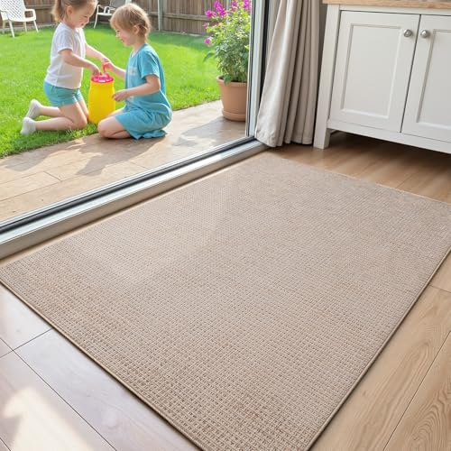 COLOR&GEOMETRY Schmutzfangmatte Innen, rutschfest Fußmatte Waschbar, Dünne Chenille Fußmatten Eingangsbereich, fussmatte für Haustür & Flur, Fussmatte für Hund, 92x140cm, Beige