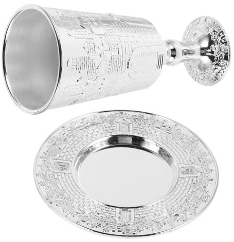TOPBATHY Ensemble Coupe De Kiddouch Shabbat Et Soucoupe, Alliage De Zinc, Style Vintage, pour Fêtes Juives Et Cérémonies Religieuses, Service Sacré De Jérusalem,