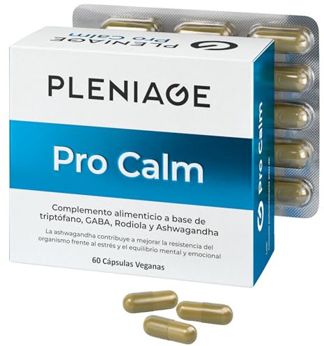 PLENIAGE® PRO CALM | Suplemento Natural con Ashwagandha + L Triptofano + Rhodiola + GABA | Apoyo al Ánimo, Antiestres y Ansiedad | Triptofano Plus con Ashwagandha y Rhodiola | Anti Estres y Ansiedad