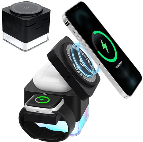 Helmsyde 4 in 1 Caricatore Wireless Stazione con Luce led, Caricatore Magnetico Wireless Pieghevole Stazione Ricarica Compatibile con iPhone 12/13/14/15/16, iWatch Ultra/SE/9/8/7/6/5/4/3/2