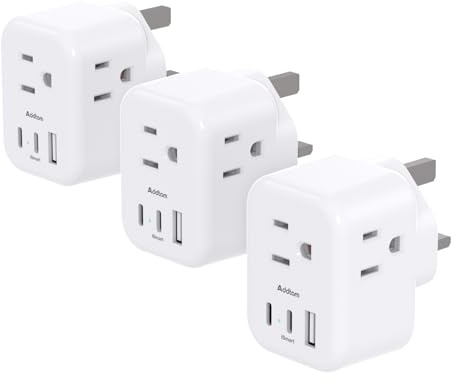 US to UK Plug Adapter 3 Pack, Addtam Type G Travel Plug with 3 Outlets 3 USB Ports(2 USB C), UK Power Adaptor for USA to England London British Ireland Scotland Dubai Hong Kong Kenya