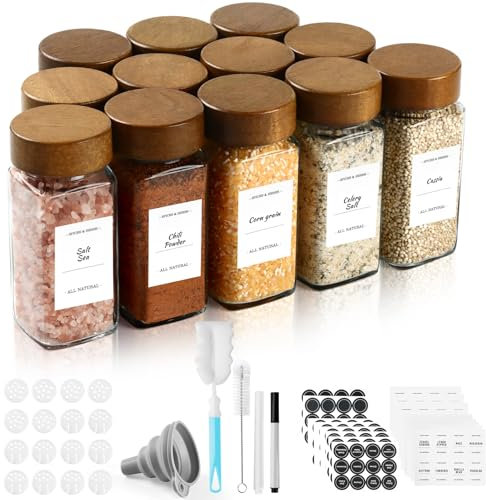 Barattoli per spezie in vetro e legno, 12 × 120 ml Set di contenitori per spezie con coperchi in legno di acacia, etichetta