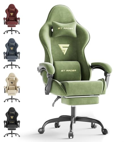 Ferghana Ergonomischer Gaming Stuhl mit Kopfstütze und Fußstütze Gaming Stuhl Stoff, Gamer Chair Hochwertiger PC Stuhl Chefsessel Komfortabler Stoff Gaming Sessel ideal für Büro Gaming, Grün