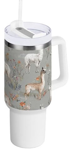 Aesthetic Llama - Vaso aislado al vacío, tapa a prueba de fugas y pajita, botella de agua aislada para niños, taza de viaje de boca ancha para el hogar, la oficina o el coche