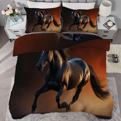 buyluhn Bettdecke 240x220 Dunkles Pferd Ohne Bezug Nutzbar, 4 Jahreszeiten Bettdecken Tier Große Steppdecke Ganzjahresdecke, Waschbar Bettzeug mit 2 Kissenbezug für Sommer Winter Doppelbett