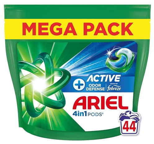 Ariel Pods 4en1 +Active, Lessive en Capsules, 44 Lavages, Élimine les Odeurs de Transpiration Même Après 7 Jours avec la Technologie Febreze, Dissolution Rapide Même à Froid, Fabriqué en France