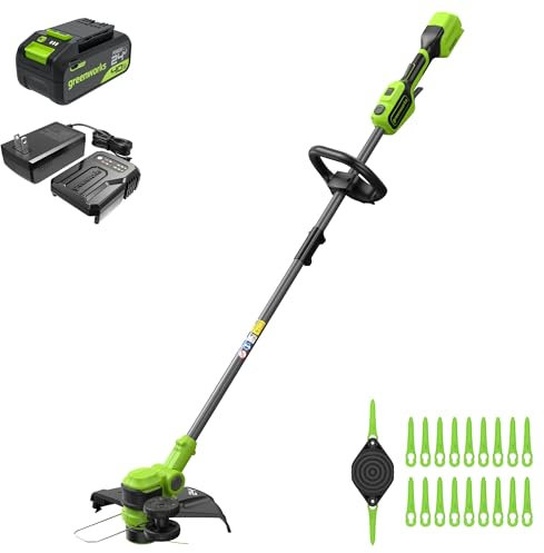 Greenworks 24V Tagliabordi a batteria, larghezza di taglio di 33 cm, rotazione di 90°, incluso rocchetto di filo e 20 lame in plastica, inclusa batteria da 4.0 Ah e caricabatterie
