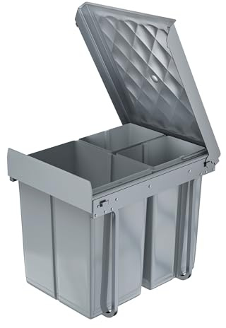 LILIIN Eingebauter Küchenmülleimerschrank Mülleimer Küchenabfalleimer Unterschrank Ausziehbarer Abfallsammler Mülltrennsystem mit Teleskopschienen Grau (2x20L)