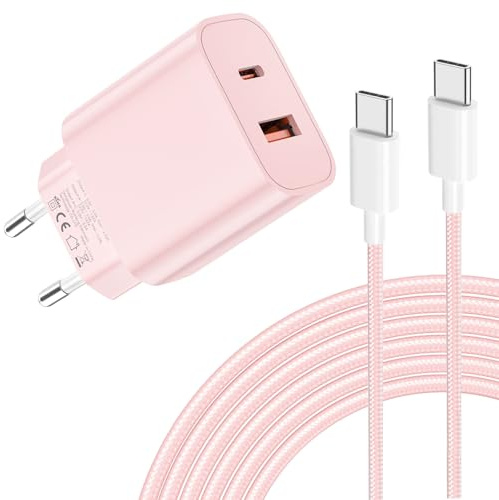 Chargeur 20W pour iPhone 17 - USB C Chargement Ultra Rapide à Deux Ports avec Câble USB C 2M pour iPhone 17/16/15, pour Samsung, pour Pad, Pixeli etc-Rose