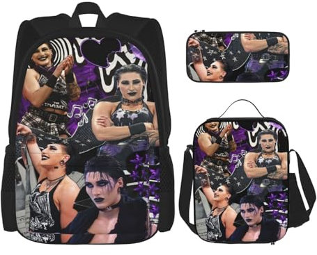 MGDDB Rhea Wrestler Ripley - Mochila de 3 piezas con lonchera y bolsa para lápices, combinación para trabajo, deporte, picnic, práctica mochila para laptop, mochila de viaje, bolsa de papelería, Negro