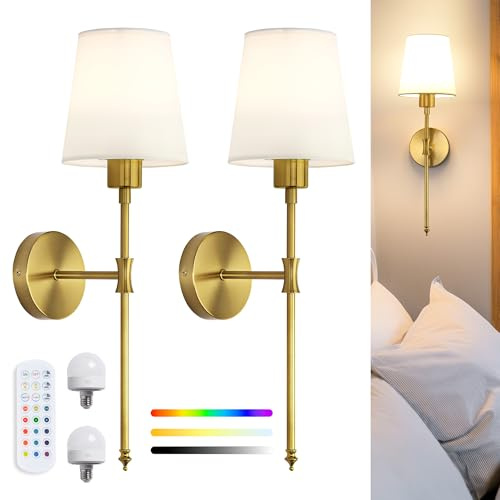 Applique da Parete LED Senza Fili Set da 2, Applique da Interno Ricaricabile con Telecomando, RGB e 3 Temperature di Colore, Altezza 53 cm, Illuminazione d’Ambiente per Soggiorno e Camera, Dorata