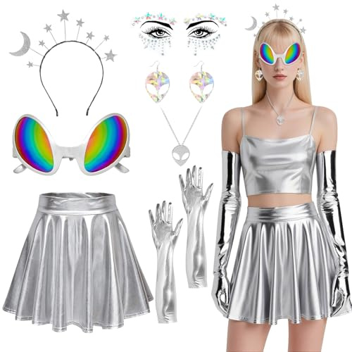 Disfraz para Mujer, Disfraz Extraterrestre Mujer con Juego de Accesorios, Guantes Largos, Gafas, Diadema, Pegatinas Faciales y Collar, Vestido Alienígena para Fiesta Halloween Carnaval Cosplay (M)