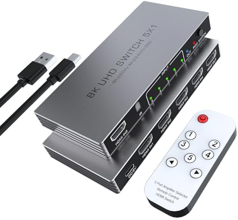 8K@60Hz HDMI 2.1 Switch 5 in 1 Out Aluminium Unterstützung 4K@240Hz HDR10+ HDCP 2.3 CEC 48Gbps HDMI 2.1 Switch Splitter, Kompatibel mit PS5/4 Xbox Switch DVD-Player