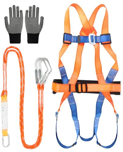 auffanggurt absturzsicherung Set, Fallschutz Auffanggurt, 5 Punkt Vollkörper Auffanggurt mit Sicherheitsseil Puffer, Ganzkörper-Auffanggurt Set für Arbeiten in der Luft, Dachdecker