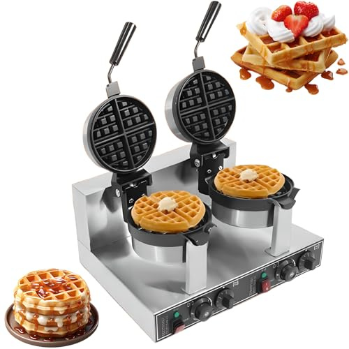 Double Head Waffle Maker Machine, 2400W 180° Flip Commercial Non-Stick Waffle Maker with 50-300℃ Temp Control & 5min Timer, Stainless Steel Waffles Iron Machine for Restaurant or Bakery