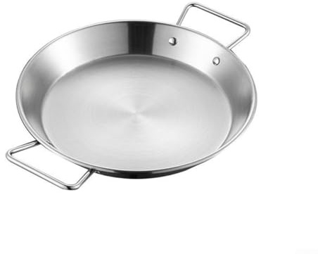 HanOaki Padella per paella a doppio manico in acciaio inox lucidato a specchio con fondo piatto sicuro per forno argentato, manici ergonomici per piano cottura professionale (24 cm)