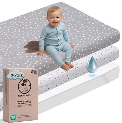 Mommybelly Spannbettlaken 90x200 Set für Kinderbett. 2 Spannbettlaken aus Baumwoll-Jersey + 1 Matratzenschoner Wasserdicht für Bett 90. OekoTex Zertifikat. Sterne-Muster 200x90