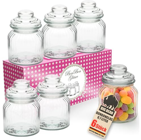BigDean Bonbonglas mit Deckel 700ml 6 Stück Vintage Vorratsgläser für Candy Bar Hochzeit Party Küche Spülmaschinenfest Aufbewahrungsgläser in Geschenkverpackung