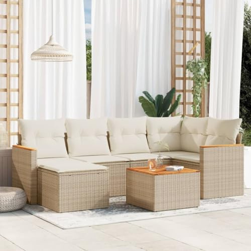 JHQHSM Ensemble de canapé de jardin 7 pièces avec coussins beige en polyrotin - Design modulaire pour terrasse et cour - Rotin synthétique durable avec cadre en acier stable - Groupe de sièges