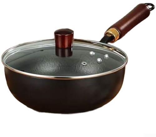 Floweringbeter Wok in ferro forgiato a mano, spessore 24 cm, padella non rivestita in ferro fine con coperchio in vetro per cottura a gas e preparazione quotidiana dei pasti (B)