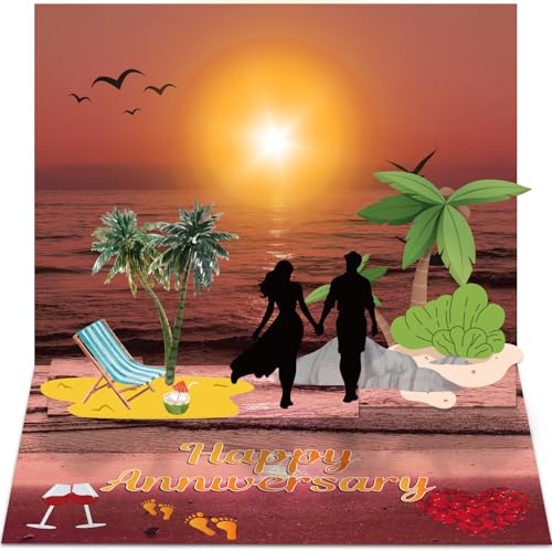 Anniversary Card with Music and Lights, 3D Pop Up Happy Anniversary Cards for Women Men Wife Husband Couple, Beach Vacation Invitation Card for Him or Her
