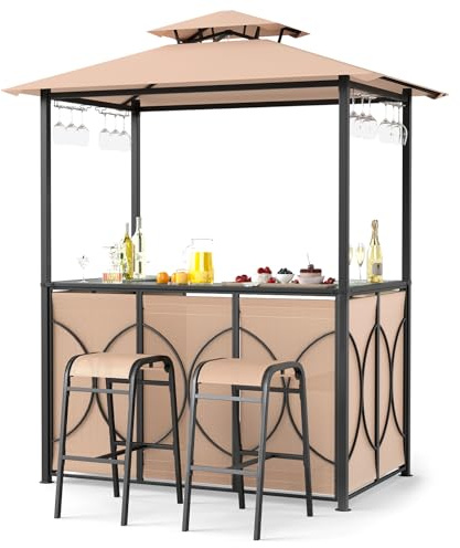 COSTWAY Tonnelle de Barbecue avec 2 Tabourets de Bar, Auvent de Réception pour Jardin avec Plateau en Verre Trempé, Étagères de Rangement, Structure en Métal, 194 x 121 x 242 cm, Marron