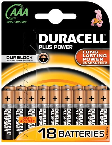 Duracell MN2400 Plus Power Alkaline AAA Size Batteries (Pack of 18)