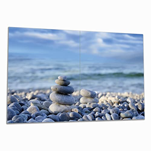 Wallario Herdabdeckplatte/Spritzschutz aus Glas, 2-teilig, 80x52cm, für Ceran- und Induktionsherde, Steinstapel am Strand