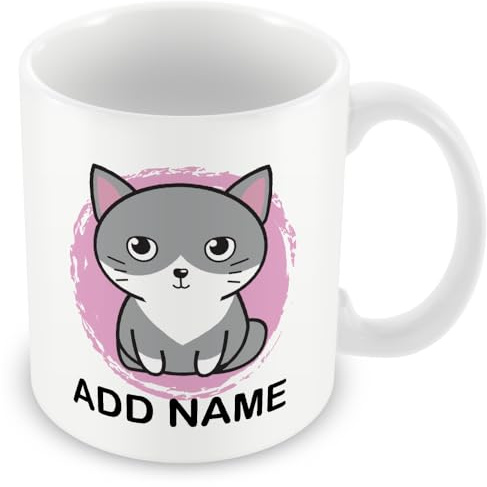 MUGGZ Personalised Cat Mug – Cute Cartoon Animal Coffee Cup with Custom Name – Colourful Vignette Design – Unique Gift for Cat Lovers, Kids & Adults – 11oz Ceramic