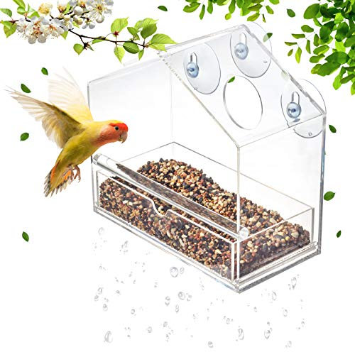 D4P Display4top Outside Acrylic Balcony Window Bird Feeder with Drain Holes, Removable Tray, Super Strong Suction Cups,High Seed Capacity, Great Gift,Easy to Clean (20 x 18.5 x 10cm)
