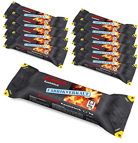 10 x FLAMMBURO Kaminblock 1,1 kg - Kaminholz, Brennholz, Feuerholz, Holz, Kamin, Kaminofen, Ofen, Kaminscheit, Brennstoff, Firelog, Eco-Block, Brikett, Anzünder, Kaminanzünder, Feuerschale - 10 Stück