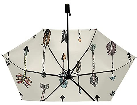 Hand Drawn Ethnic Tribal Arrows Seamless Patten on Cream Compact Lightweight Folding Umbrella, Inner Print Sun Parasol with UV Protection, Strong Portable Travel Rain Umbrella