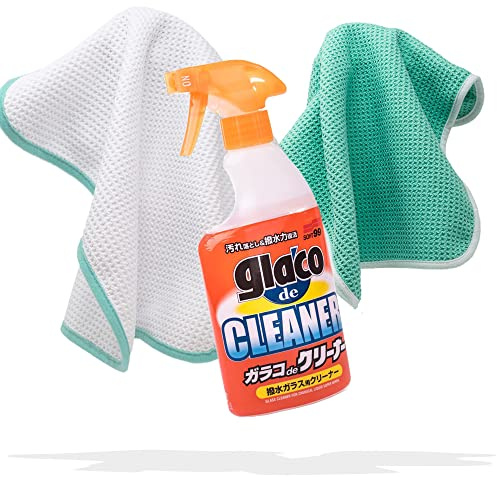 detailmate Auto Glasreinigungs Set - Soft99 Glaco de Cleaner Glasreiniger 400 ml mit Zwei Mikrofaser Waffeltüchern 450GSM 35x35cm - Scheiben Reinigungsset mit Mikrofasertüchern