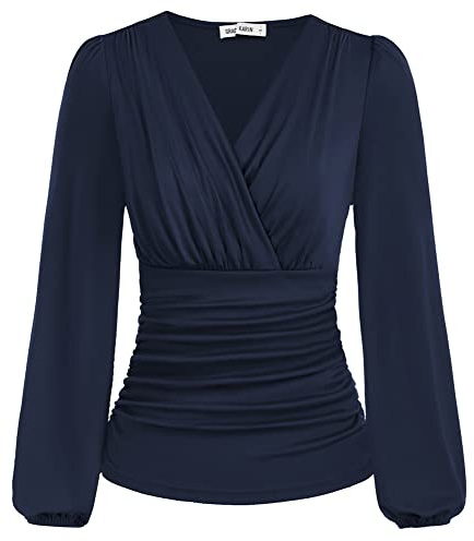 GRACE KARIN Dam V-ringad omlottblus smal plissé eleganta toppar, Marinblå, XXL