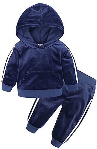 Coralup Girls Boys Clothes Sets 2PCS Velvet Long Sleeve Sports Hooded Sweater + Pants Navy 2-3 Years