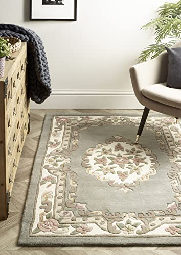 Lord of Rugs Lotus Premium Traditional Rug Aubusson Wool Heavy Thick Floral Hand Tufted Classic Rug Grey X-Small 60x120 cm (2'x3'11''')