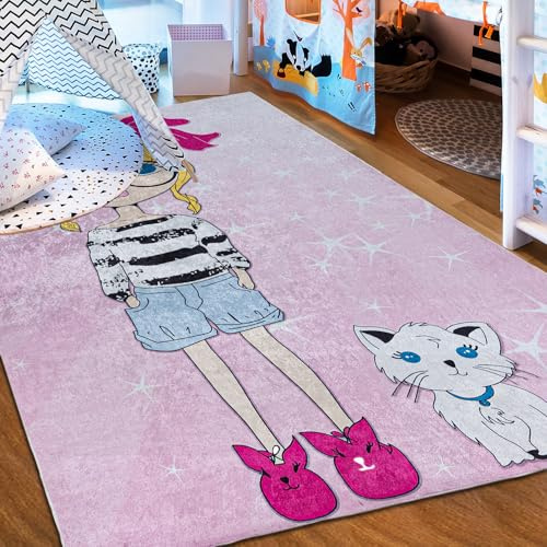 Mazovia Groß Spielteppich Kinderzimmer 160x230cm Rosa Katze Pflegeleicht | Kinderteppich für Schlafzimmer Spielzimmer Mädchen Maschinenwaschbar Rutschfest Allergikerfreundlich Wetterfest Kurzflor