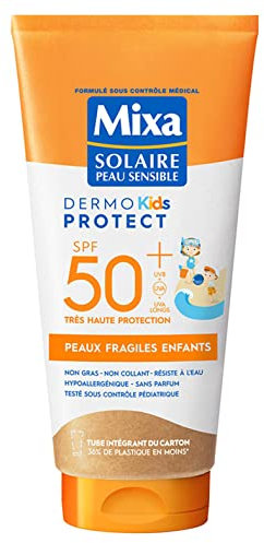 Mixa Solaire - Leche solar para pieles sensibles – Leche de protección solar de muy alta protección SPF 50+ UVA, UVA, larga UVB, para pieles sensibles para niños, resistente al agua, sin arena