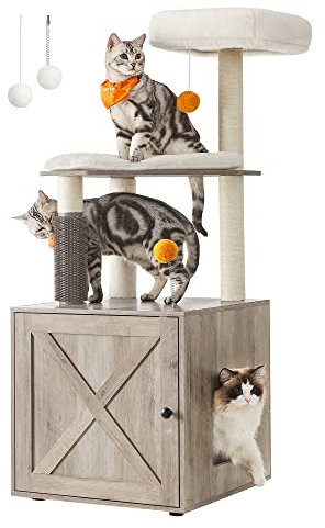 Feandrea WoodyWonders Kratzbaum mit Katzenklo-Schrank, 2-in-1 moderner Katzenbaum, 134 cm, mit Croomer, Kratzsäulen, Plattform, waschbare Kissen, Greige PCT115G01
