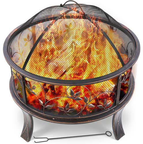 Brasero Exterior Jardin, Grande Chimeneas de Leña, Metal Fire Pit, Fuego con Protector de Chispas, 4 PCS pie, Incluye Póquer y Parrilla de Carbón, para Jardín Camping Playa, 71 x 65 cm, Patrón Floral