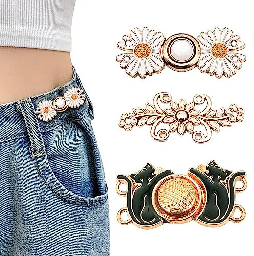 Kireida® 3 Stück Jeansknöpfe,Schwarze Katze,Gänseblümchen, Orchidee Kleidung Dekorieren,Verstellbar, Wiederverwendbar,für Passen Sie die Enge der Hose an,für Jeans, Röcke